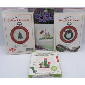 Set of 4 Mini Cross Stitch Kits- Cactus, Christmas Tree, Wreath & Butterfly